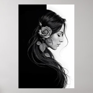 Póster Perfil femenino artístico con rosa en monocromo