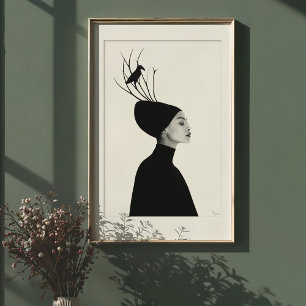 Póster Perfil Sereno: Retrato de Moda Cuervo y Ramas
