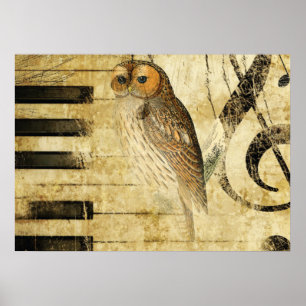 Póster Pergamino de época ~ Lechuza en piano