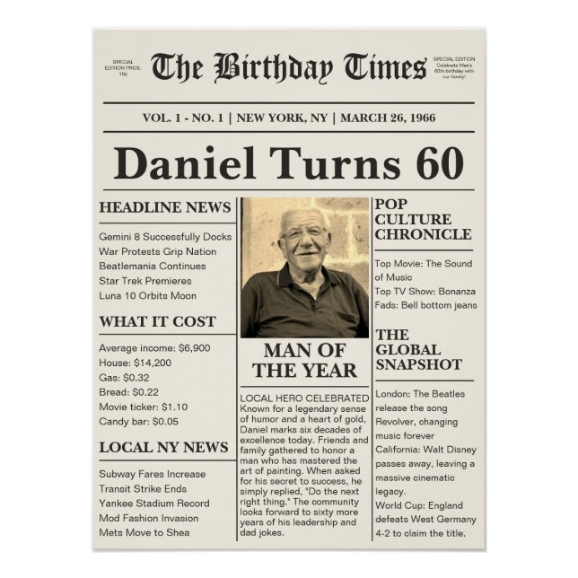 Póster Periódico de cumpleaños histórico antiguo - Año pe (Anverso)
