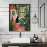 Póster Periódico de lectura de gatos - Poster de baño de<br><div class="desc">Añada un pequeño infortunio a la pared de arte de tu cuarto de baño con esta impresión moderna y caprichosa. Con un sofisticado gato negro atrapando casualmente las noticias mientras está colgado en un inodoro rosa, esta pieza aporta humor y encanto a cualquier espacio. Las llamativas pinceladas, la exuberante vegetación...</div>