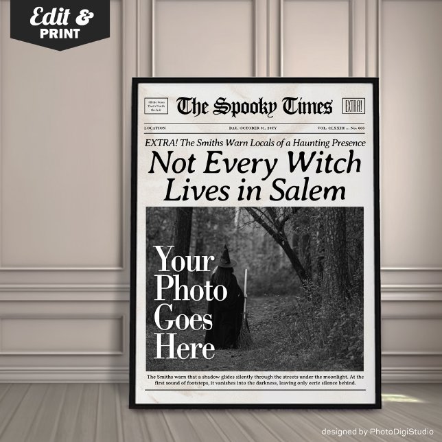 Póster Periódico personalizado Halloween arrasa con bruja (Custom Halloween Newspaper Wall Art Witch in Salem |  trendy halloween decor | halloween print )