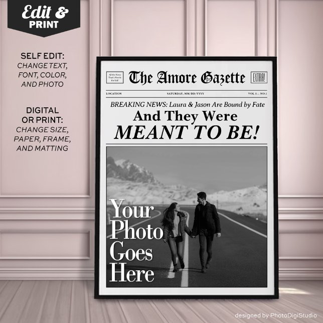Póster Periódico Personalizado Parejas Imprimir 'Meto Be' (Personalized Couples Newspaper Print 'And they Were Meant to Be')