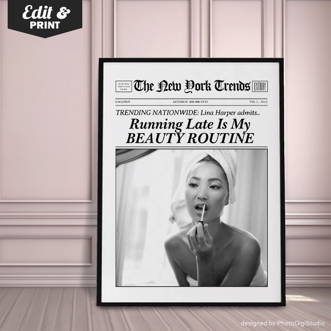 Póster Periódico Personalizado Tendencia Impreso Mejor Ta (Trendy Newspaper Print, Better Late Than Ugly, New York Newspaper Wall Art, Bathroom Decor)