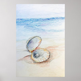 Póster Perla en concha de almeja olas de playa oceánica