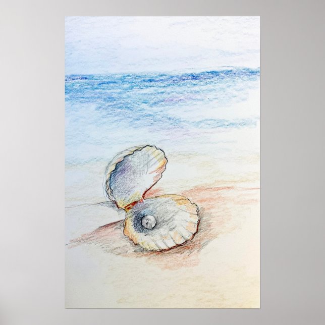 Póster Perla en concha de almeja olas de playa oceánica (Frente)