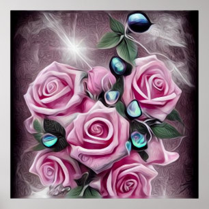 Póster Perlas negras y rosas rosadas