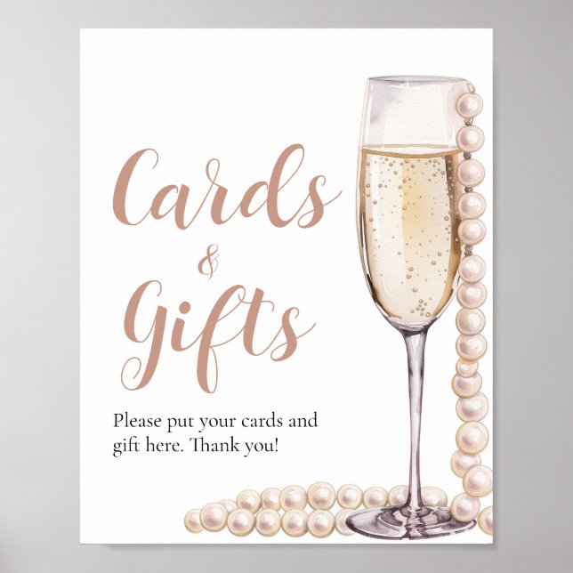 Póster Perlas rosas y tarjetas de champán Prosecco y rega (Frente)