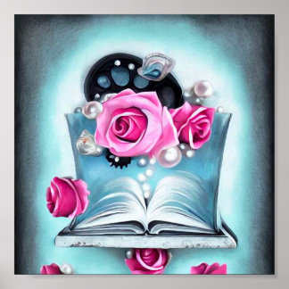 Póster Perlas y Rosas de libros abiertos