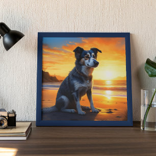 Póster Perrito Adorable en la Playa al Atardecer 