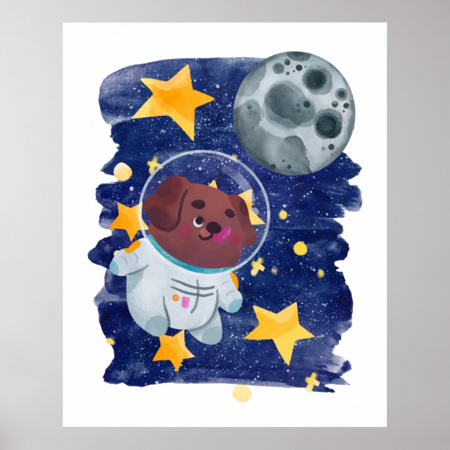 Póster Perrito Astronauta Acuarela Espacio Estrellas Plan (Frente)