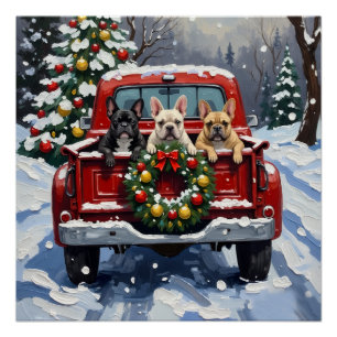Póster Perrito Bulldog Francés Navidad Camión Rojo Fiesta