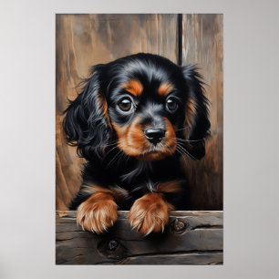 Póster Perrito Cavalier negro y marrón