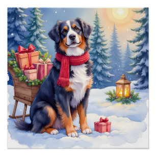 Póster Perrito de montaña bernés en trineo Navidad acuare