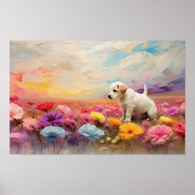 Póster Perrito de pie de flor suave descargable (Frente)