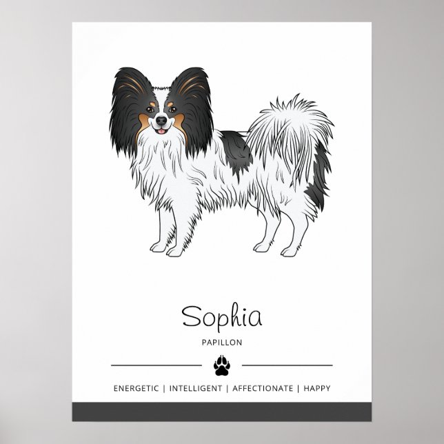 Póster Perrito Feliz Papillon Tricolor con Texto Personal (Frente)