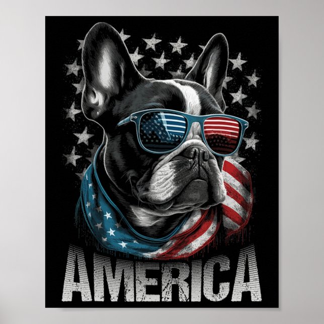Póster Perrito francés patriótico bandera americana 4 de  (Frente)