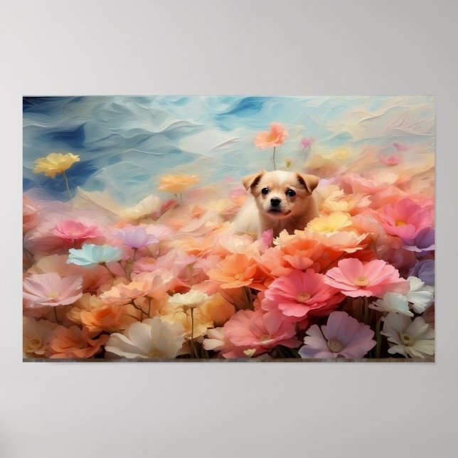 Póster Perrito marrón pardo de estatura floral lindo desc (Frente)