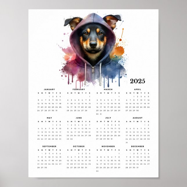 Póster Perro acuarela en el calendario artístico de hoodi (Frente)