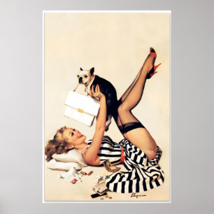 Póster Perro Afortunado Pug958 Chica Pin-Up de Elvgren al