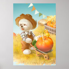 Póster Perro agricultor con calabaza