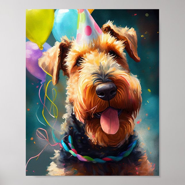 Póster Perro Airedale con gorra de cumpleaños y globos (Frente)