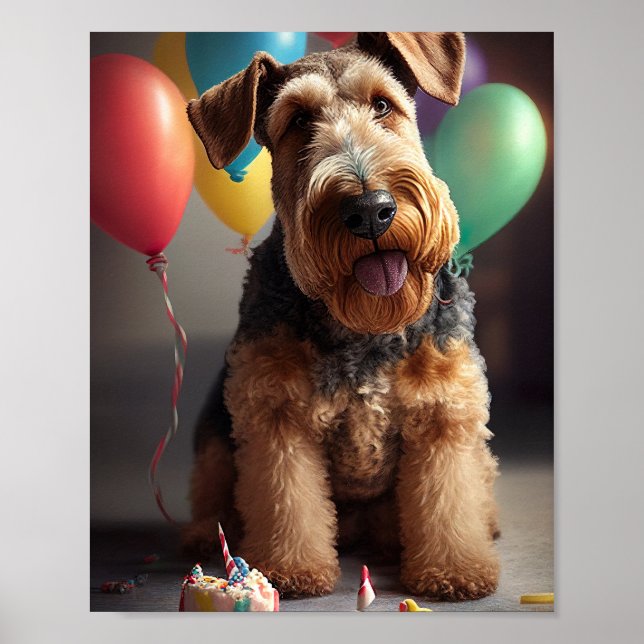 Póster Perro Airedale con pastel y globos (Frente)