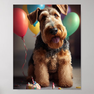 Póster Perro Airedale con torta y globos