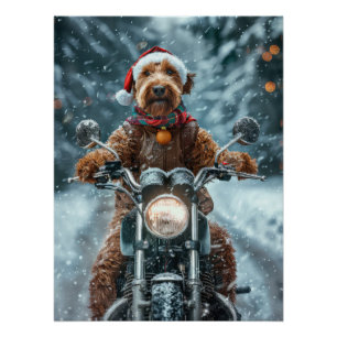 Póster Perro Airedale montando motocicleta en Navidad