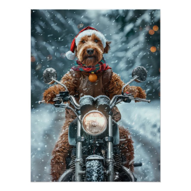 Póster Perro Airedale montando motocicleta en Navidad (Anverso)