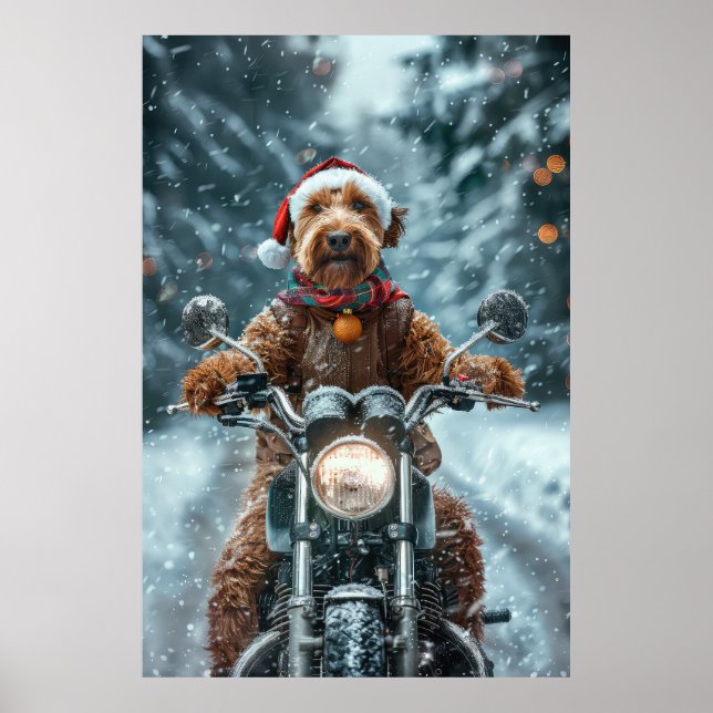 Póster Perro Airedale montando motocicleta Navidad (Frente)