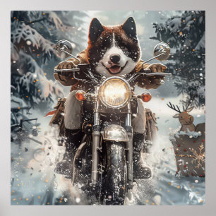 Póster Perro Akita Americano Montando Motocicleta Navidad
