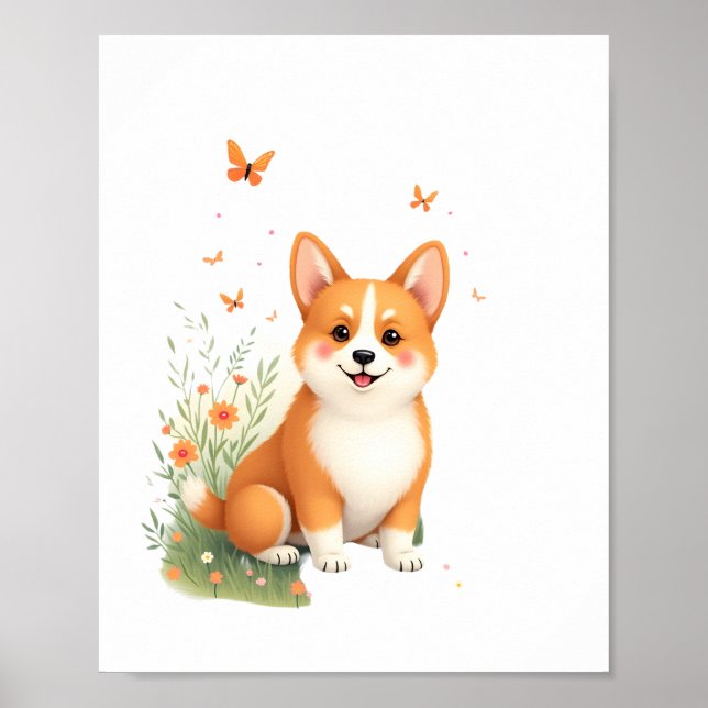Póster Perro Akita con flor y camiseta con mariposa (Frente)