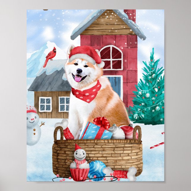 Póster Perro Akita en casa de Navidad con nieve (Frente)
