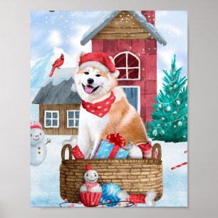 Póster Perro Akita En Casa De Perros De Navidades De Niev