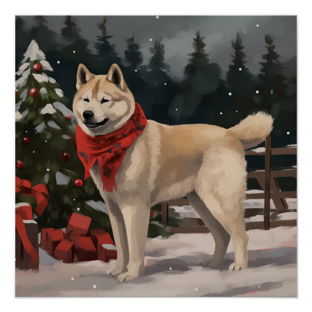 Póster Perro Akita en Navidad con Nieve (Anverso)