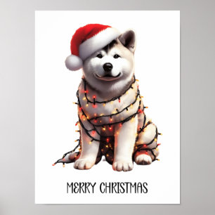 Póster Perro Akita Envuelto En Luz De Navidades