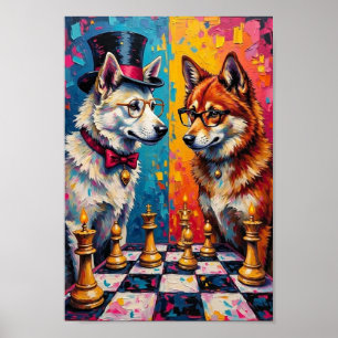 Póster Perro Akita Jugando Ajedrez Pop Art