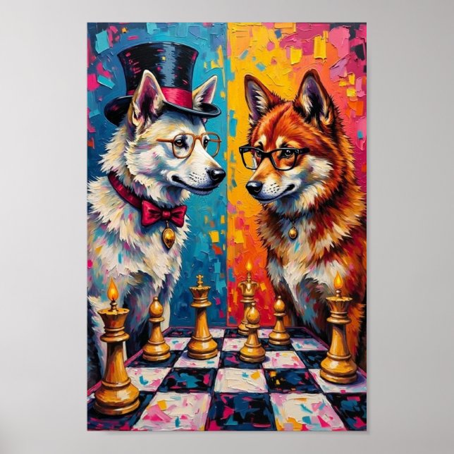 Póster Perro Akita Jugando Ajedrez Pop Art (Frente)