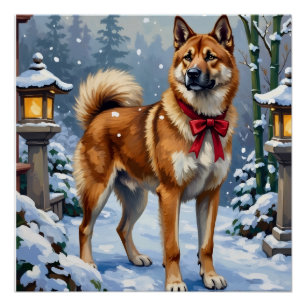 Póster Perro Akita Sereno Invierno Japonés Navidad