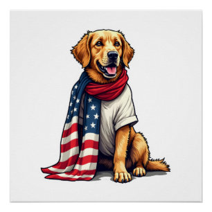 Póster Perro Amante Grabado Retriever Dorado Bandera Amer