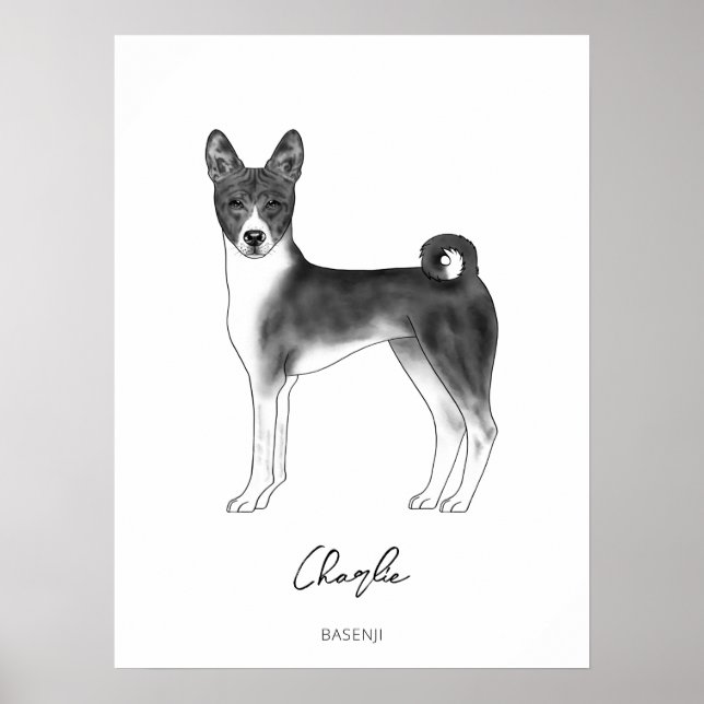Póster Perro Basenji en negro y blanco con texto personal (Frente)