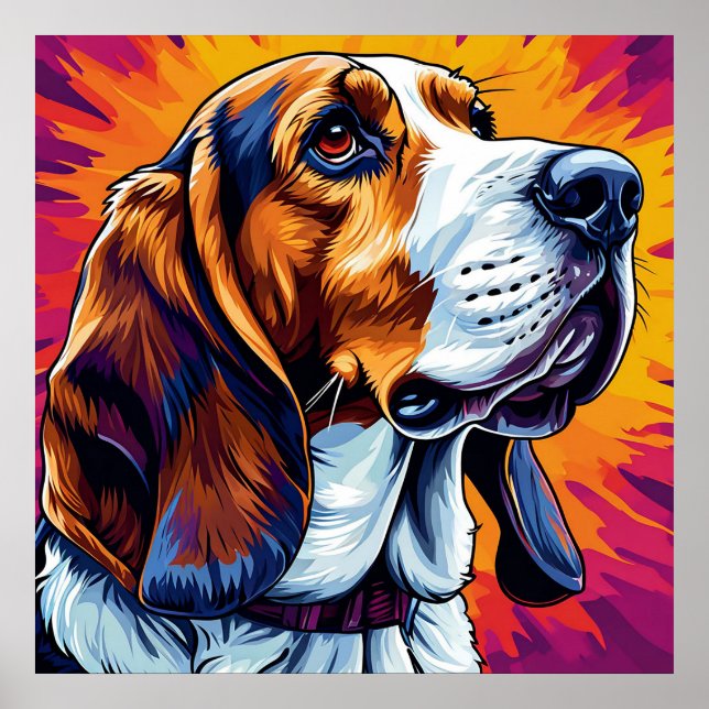 Póster Perro Basset Hound con fondo colorido (Frente)