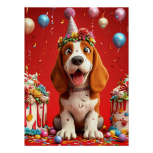 Póster Perro Beagle Adorable Celebrando Cumpleaños