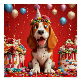 Póster Perro Beagle Adorable Celebrando El Cumpleaños