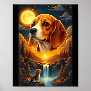 Póster Perro Beagle aullando a la luna