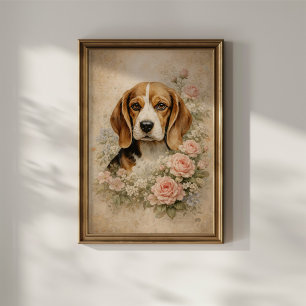 Póster Perro Beagle con Rosas