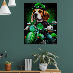 Póster Perro Beagle conduciendo bicicleta Día de San Patr
