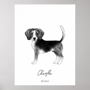 Póster Perro Beagle en negro y blanco con texto personali