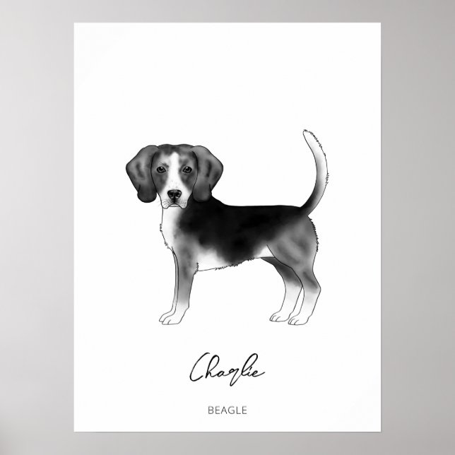 Póster Perro Beagle en negro y blanco con texto personali (Frente)